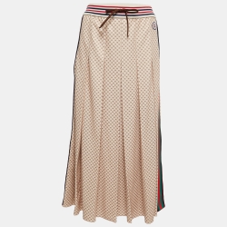 Gucci Beige GG Monogram Jersey Pleated Maxi Skirt L