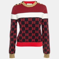 Pre Owned Gucci Red/Black GG Monogram Patterned Knit Sweater L