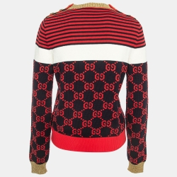 Pre Owned Gucci Red/Black GG Monogram Patterned Knit Sweater L