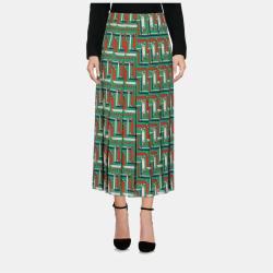 Pre Owned Gucci Green Chain Print Silk Midi Skirt L (IT 46)