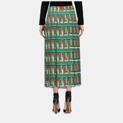 Pre Owned Gucci Green Chain Print Silk Midi Skirt L (IT 46)