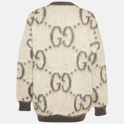 Pre Owned Gucci White/Grey GG Intarsia Mohair Reversible Cardigan M