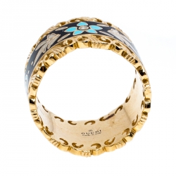 Gucci Icon Floral Black Enamel 18K Yellow Gold Band Ring Size 51