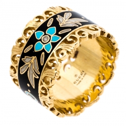 Gucci Icon Floral Black Enamel 18K Yellow Gold Band Ring Size 51