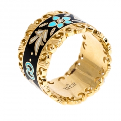 Gucci Icon Floral Black Enamel 18K Yellow Gold Band Ring Size 51