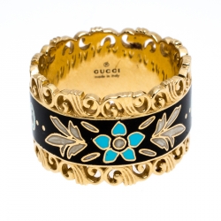 Gucci Icon Floral Black Enamel 18K Yellow Gold Band Ring Size 51