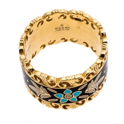 Gucci Icon Floral Black Enamel 18K Yellow Gold Band Ring Size 51