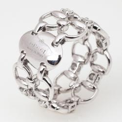 Pre Owned Gucci Horsebit White Gold Diamond Double Band Ring Size 55