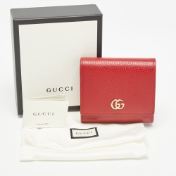 Pre Owned Gucci Red Leather GG Marmont Trifold Compact Wallet