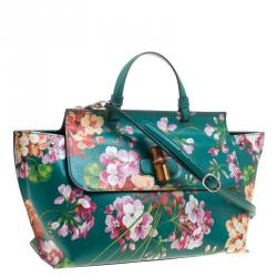 Pre Owned Gucci Green Floral Print Leather Bamboo Daily Top Handle Bag