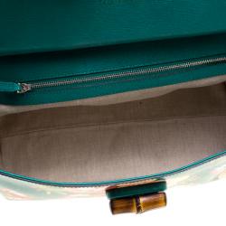 Pre Owned Gucci Green Floral Print Leather Bamboo Daily Top Handle Bag