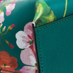 Pre Owned Gucci Green Floral Print Leather Bamboo Daily Top Handle Bag