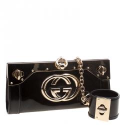 Pre Owned Gucci Dark Green Shimmer Patent Leather Starlight Clutch