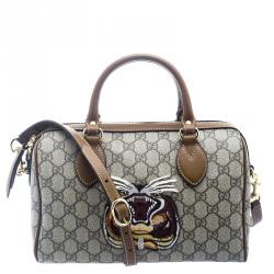 Pre Owned Gucci Beige/Brown GG Supreme Canvas Limited Edition Tiger Boston Bag
