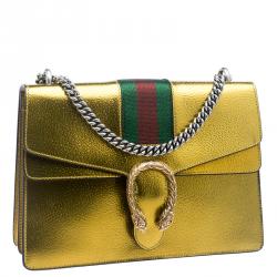 Pre Owned Gucci Gold Leather Medium Dionysus Web Shoulder Bag