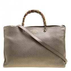 Pre Owned حقيبة يد غوتشي شوبر بيد علوية بامبو جلد بيج ميتاليك كبيرة