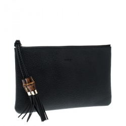 Pre Owned Gucci Black Leather Bamboo Tassel Clutch