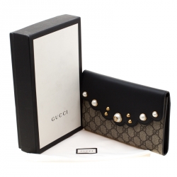 Gucci Beige/Black Pearl Studded GG Canvas and Leather Peony Clutch