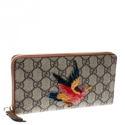 Pre Owned Gucci Beige GG Supreme Coated Canvas Bird Zip Around Wallet