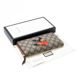 Pre Owned Gucci Beige GG Supreme Coated Canvas Bird Zip Around Wallet
