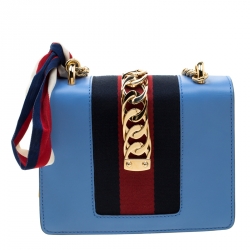 Pre Owned Gucci Sky Blue Leather Mini Web Chain Sylvie Shoulder Bag