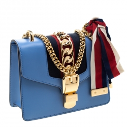 Pre Owned Gucci Sky Blue Leather Mini Web Chain Sylvie Shoulder Bag