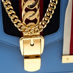 Pre Owned Gucci Sky Blue Leather Mini Web Chain Sylvie Shoulder Bag