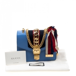 Pre Owned Gucci Sky Blue Leather Mini Web Chain Sylvie Shoulder Bag