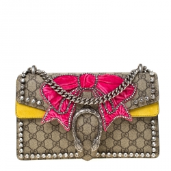 مملوكة مسبقًا Gucci Beige GG Supreme Canvas and Suede Small Dionysus Embroidered Crystal Bow Shoulder Bag