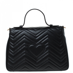 Pre Owned Gucci Black Leather Medium GG Marmont Top Handle Bag