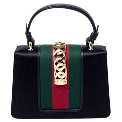 Pre Owned Gucci Black Crystal Embellished Satin and Leather Mini Web Chain Sylvie Top Handle Bag