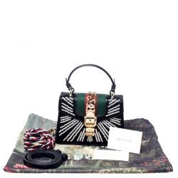 Pre Owned Gucci Black Crystal Embellished Satin and Leather Mini Web Chain Sylvie Top Handle Bag