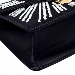 Pre Owned Gucci Black Crystal Embellished Satin and Leather Mini Web Chain Sylvie Top Handle Bag