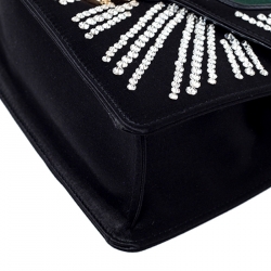 Pre Owned Gucci Black Crystal Embellished Satin and Leather Mini Web Chain Sylvie Top Handle Bag