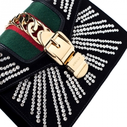 Pre Owned Gucci Black Crystal Embellished Satin and Leather Mini Web Chain Sylvie Top Handle Bag