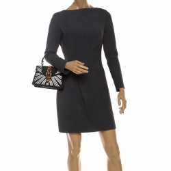 Pre Owned Gucci Black Crystal Embellished Satin and Leather Mini Web Chain Sylvie Top Handle Bag