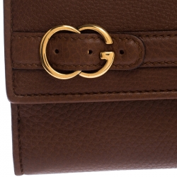 Gucci Brown Leather GG Buckle Continental Flap Wallet