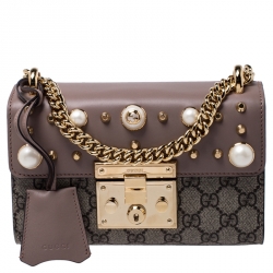 Pre Owned Gucci Nude Leather and GG Supreme Monogram Canvas Small Studded Padlock Shoulder Bag