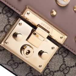 Pre Owned Gucci Nude Leather and GG Supreme Monogram Canvas Small Studded Padlock Shoulder Bag