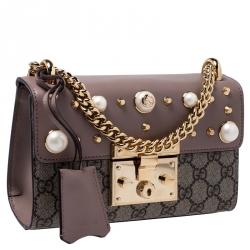 Pre Owned Gucci Nude Leather and GG Supreme Monogram Canvas Small Studded Padlock Shoulder Bag