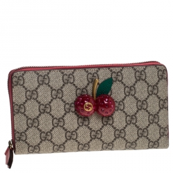 Gucci Beige/Red GG Supreme Canvas Cherry Zip Around Wallet