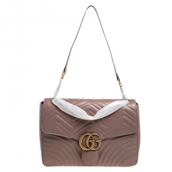 Pre Owned Gucci Dark Beige Matelasse Leather  Large GG Marmont Shoulder Bag