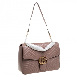 Pre Owned Gucci Dark Beige Matelasse Leather  Large GG Marmont Shoulder Bag