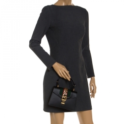Pre Owned Gucci Black Leather Mini Web Chain Sylvie Top Handle Bag