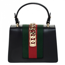 Pre Owned Gucci Black Leather Mini Web Chain Sylvie Top Handle Bag