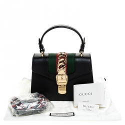 Pre Owned Gucci Black Leather Mini Web Chain Sylvie Top Handle Bag