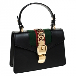 Pre Owned Gucci Black Leather Mini Web Chain Sylvie Top Handle Bag