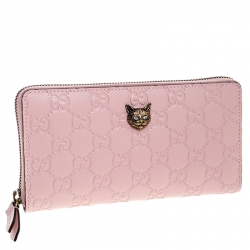 Gucci Blush Pink Guccissima Leather Cat Head Zip Around Wallet