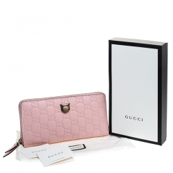 Gucci Blush Pink Guccissima Leather Cat Head Zip Around Wallet