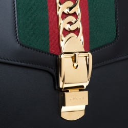 Pre Owned Gucci Black Web Chain Leather Sylvie Maxi Top Handle Bag